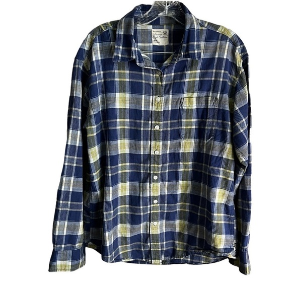AEO Boyfriend fit Blue Yellow Button Down Shirt - Picture 1 of 6